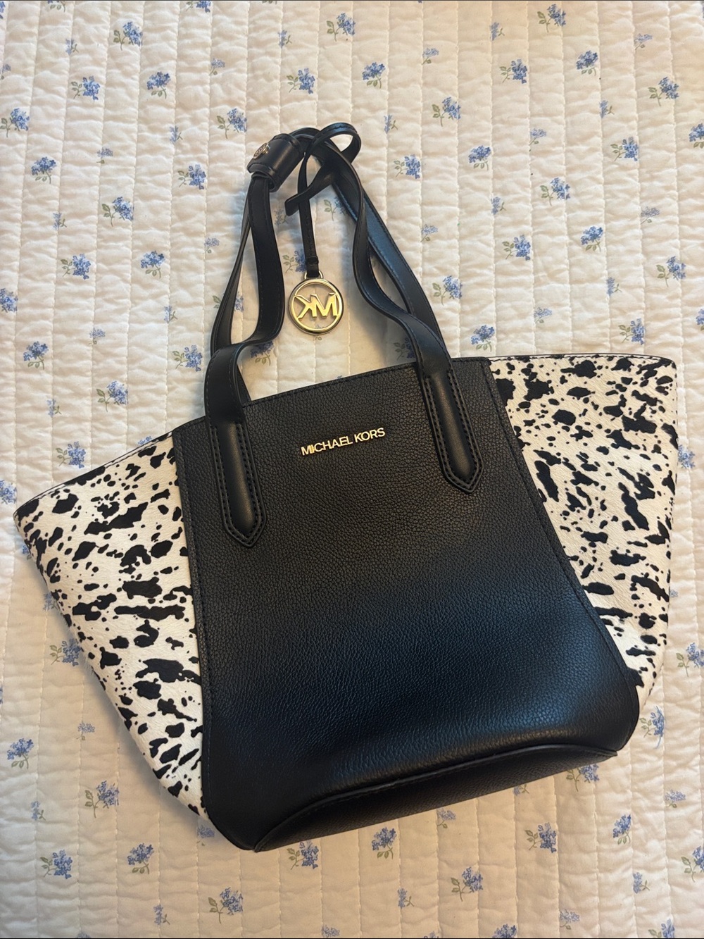 Michael Kors Black & White Animal-Print Tote with Gold Logo Charm